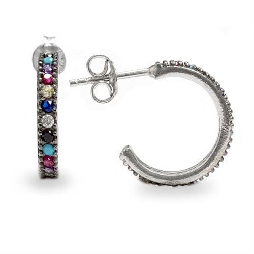 עגילי חישוק מכסף משובצים  אבני זרקון צבעוניות A8387 | תכשיטי כסף 925