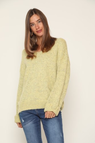 סריג נשים V שרוול כפתור צהבהב