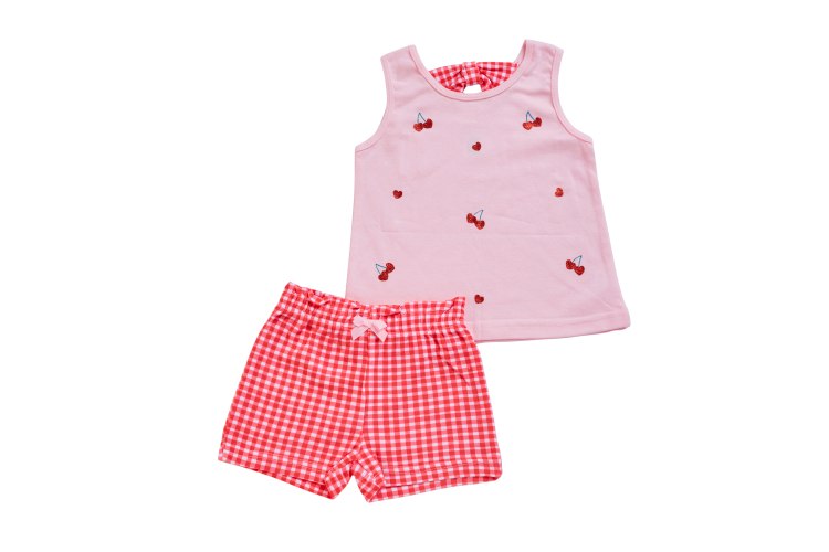 חליפת גופייה דובדבנים+משבצות ורוד בייבי