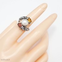 טבעת מכסף מעוצבת משובצת אבני גרנט, סיטרין ופנינה RG6327 | תכשיטי כסף 925 | טבעות כסף
