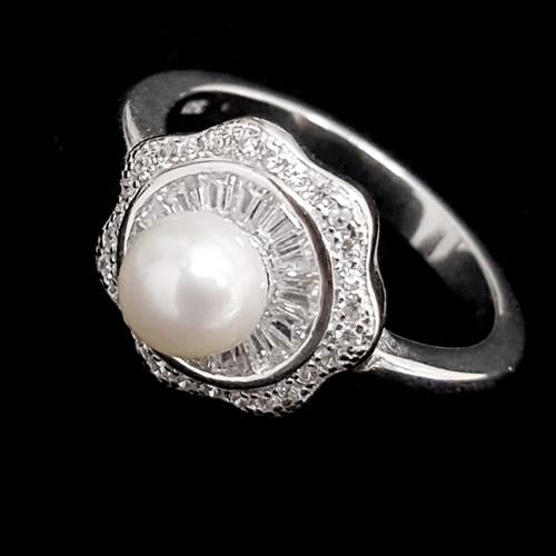 טבעת משובצת פנינה לבנה וזרקונים RG1857 | תכשיטי כסף | טבעות כסף