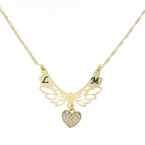 שרשרת כנפיים פרושות עם חריטה ולב משובץ דגם LA337