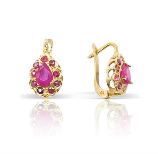 עגילי זהב 14 קרט משובצים באבן חן רובי 3 קראט