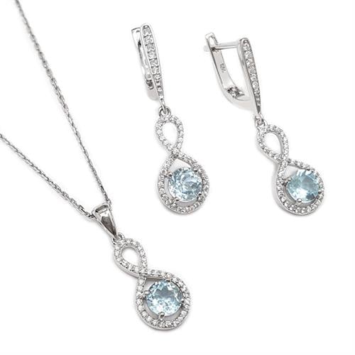 עגילים תלויים ותליון מכסף משובצים אבני טופז כחולות וזרקונים S1573