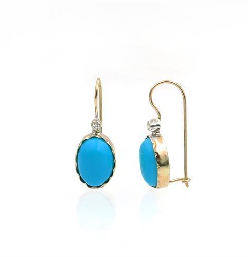 עגילי טורקיז בחיתוך אליפסה נתלים עשויים בזהב עבודת יד בשילוב יהלומים