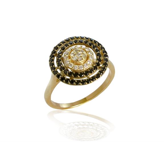 טבעת שמש עם יהלומים לבנים ושחורים בזהב 14 קראט