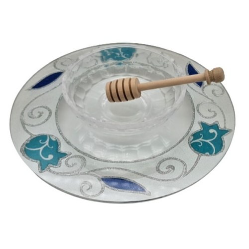 כלי לדבש עם רגלית זכוכית עבודת יד+ רודה דבש עץ