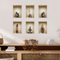 שישיית מדבקות נישה כוורת פסלים שחורים ואגרטלים חומים מעץ דגם 650