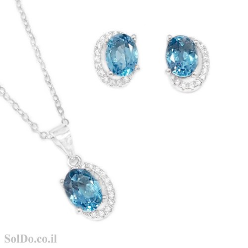עגילים צמודים ותליון מכסף משובצים אבני טופז כחולה ואבני זרקון S1746
