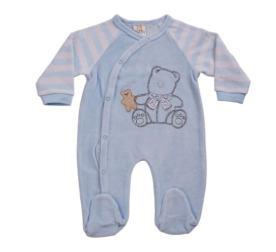 אוברול קטיפה הדפס דב+פפיון תכלת בייבי