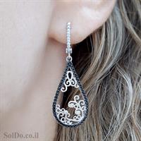 סט עגילים ארוכים ותליון מכסף משובצים אבני זרקון לבנות ושחורות S1603