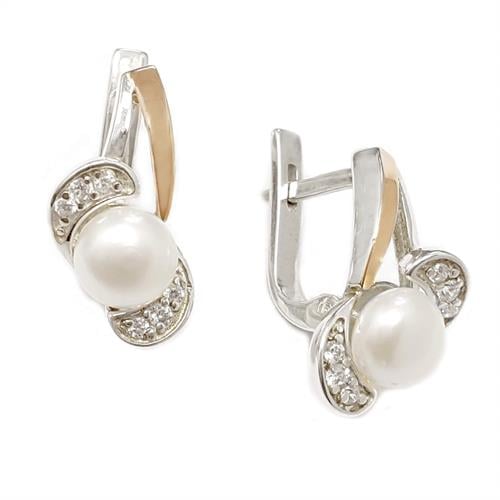 עגילי כסף מצופים זהב 9K משובצים פנינה לבנה ואבני זרקון A8628 | תכשיטי כסף 925