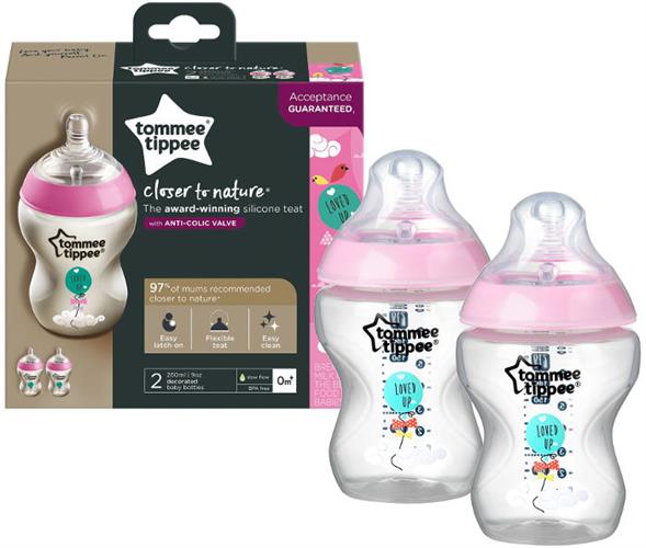 מארז זוג בקבוקי האכלה טומי טיפי 0+ ורוד מאויר  260 מ"ל