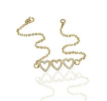 צמיד 3 לבבות עם יהלומים בזהב 14 קרט