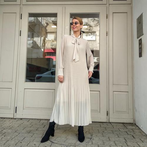 שמלת פליסה BOW - אבן