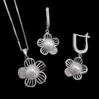 סט "פרחים" עגילים ותליון מכסף משובצים פנינה לבנה וזרקונים S1491 | תכשיטי כסף 925 | תכשיטי כלה