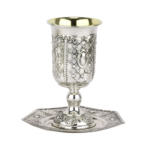 סט קידוש גביע + תחתית כסף טהור דגם ישעיהו רשת