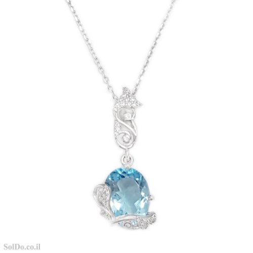 שרשרת מכסף ותליון משובץ אבן טופז כחולה ואבני זרקון T6241 | תכשיטי כסף