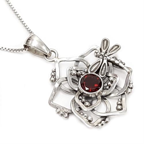 תליון מכסף מעוצב כולל שרשרת, משובץ אבן גרנט T5878 | תכשיטי כסף