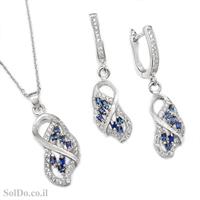 עגילים ותליון מכסף משובצים אבני זרקון כחולות ולבנות S1627