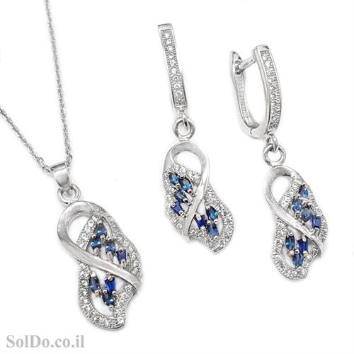 עגילים ותליון מכסף משובצים אבני זרקון כחולות ולבנות S1627