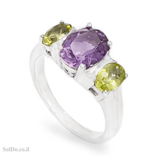 טבעת מכסף משובצת אבן אמטיסט ואבני פרידוט RG9003 | תכשיטי כסף 925 | טבעות כסף