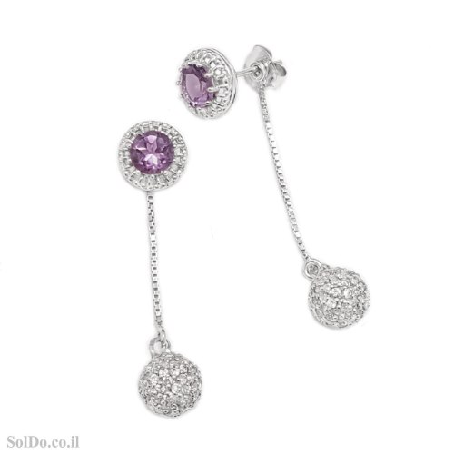 עגילים מכסף משובצים אבני אמטיסט סגול ואבני זרקון A9019 | תכשיטי כסף