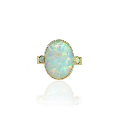 טבעת זהב אובל אופל לבנה מסגרת זהב