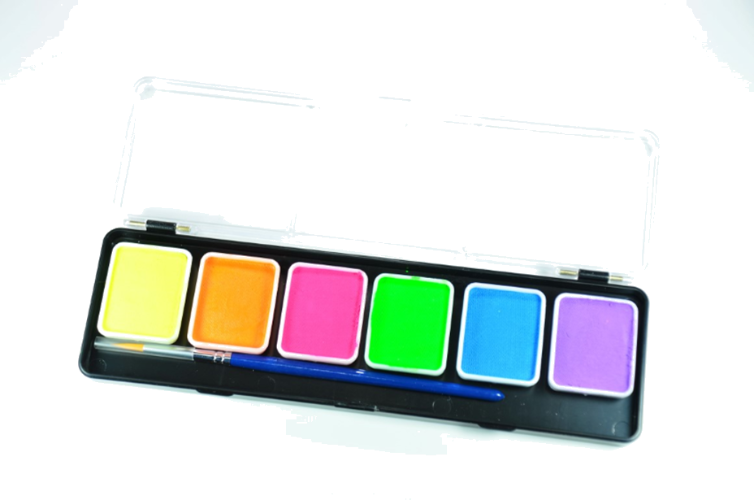 פלטה 6 צבעי מים נאון (זוהרים) + מכחול (36 גר')