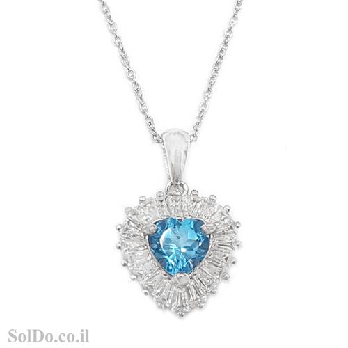 תליון מכסף לב משובץ אבן טופז כחולה ואבני זרקון T6069 | תכשיטי כסף