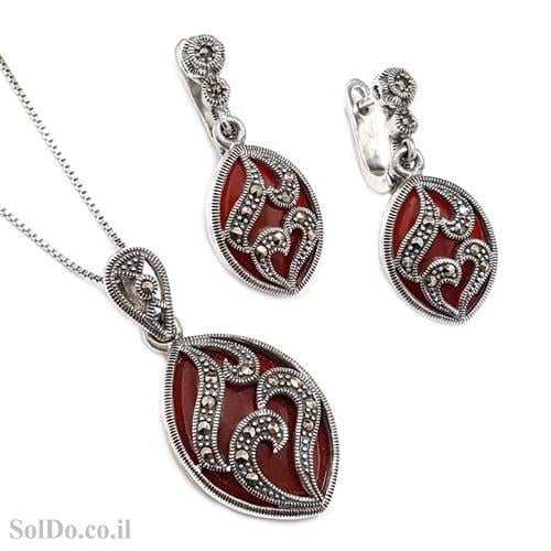 עגילים ותליון כסף משובצים מרקזטים ואבני קרנליאן  S1582