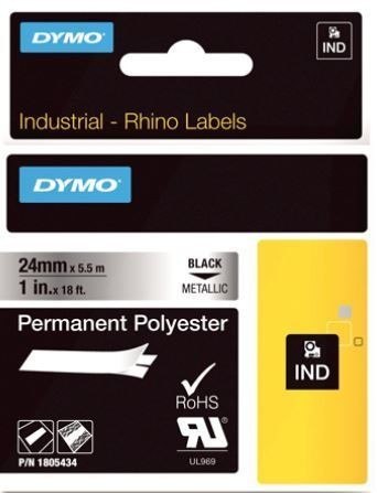 סרט סימון דבק חזק שחור על רקע כסף Dymo 1805434 Permanent Polyester IND Tape 24mmx5.5m