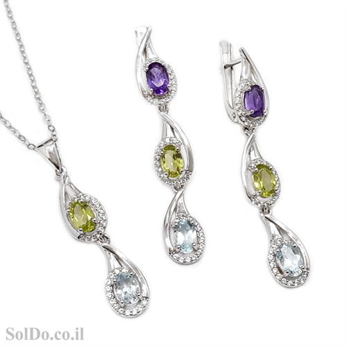 עגילים ותליון מכסף משובצים אבני אמטיסט, טופז כחול, פרידוט וזרקונים S1620