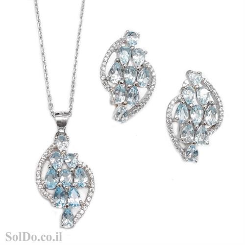 עגילים ותליון מכסף משובצים אבני טופז כחולות וזרקונים S1593