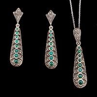 סט כסף משובץ Marcasite וכלצדוני ירוק S9400