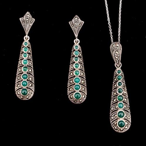 סט כסף משובץ Marcasite וכלצדוני ירוק S9400