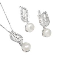 עגילים ותליון מכסף משובצים פנינה לבנה וזרקונים S1638 | תכשיטי כסף 925 | תכשיטי כלה