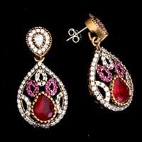 עגילי כסף סגנון ויקטוריאני, משובצים רובי קוורץ ואבני זרקון לבנות  A1557 | תכשיטי כסף 925