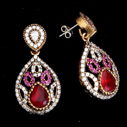 עגילי כסף סגנון ויקטוריאני, משובצים רובי קוורץ ואבני זרקון לבנות  A1557 | תכשיטי כסף 925