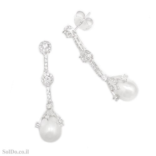 עגילים תלויים מכסף משובצים פנינה לבנה ואבני זרקון A9035 | תכשיטי כסף 925