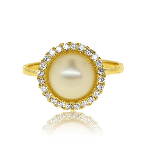 טבעת זהב 14 קראט מעוצבת משובצת פנינה ויהלומים 0.25 קראט