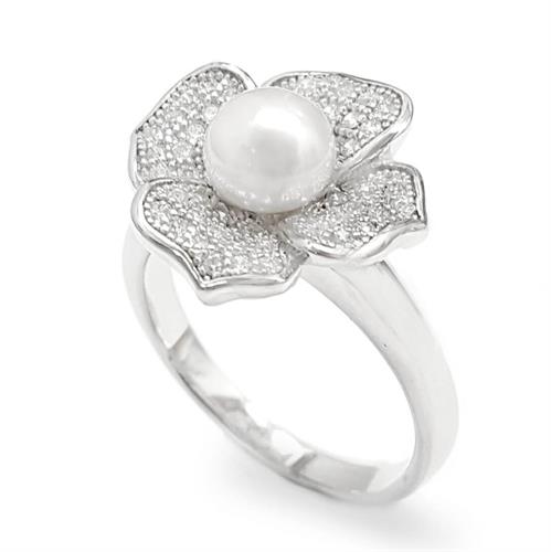 טבעת מכסף משובצת פנינה לבנה וזרקונים RG1637 | תכשיטי כסף 925 | טבעות עם פנינה