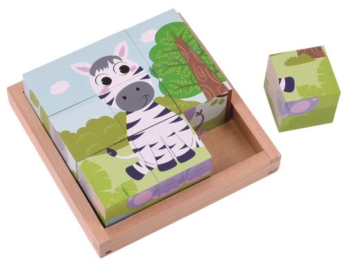 פאזל קוביות עץ 9 חלקים 6 תמונות עם מגש - חיות בר