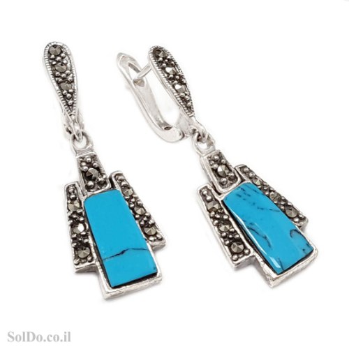 עגילים מכסף תלויים משובצים מרקזטים ואבני טורקיז  A8986 | תכשיטי כסף 925 | עגילי כסף