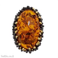 טבעת מכסף מעוצבת בשילוב ענבר בלטי אמיתי צבע קוניאק וציפוי עדין של גולדפילד RG6238