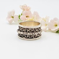 טבעת כסף טהור מסתובבת עם אבן אופל - דגם מעוטר R-37