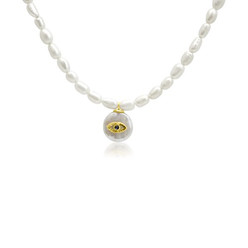 שרשרת פנינים בשילוב תליון פנינה עם עין הרע