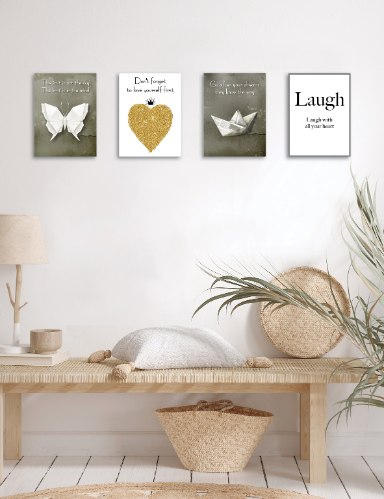 רביעיית תמונות השראה פרפר וסירה בקיפולי נייר, לב זהב והמילה תצחקו, דגם 4