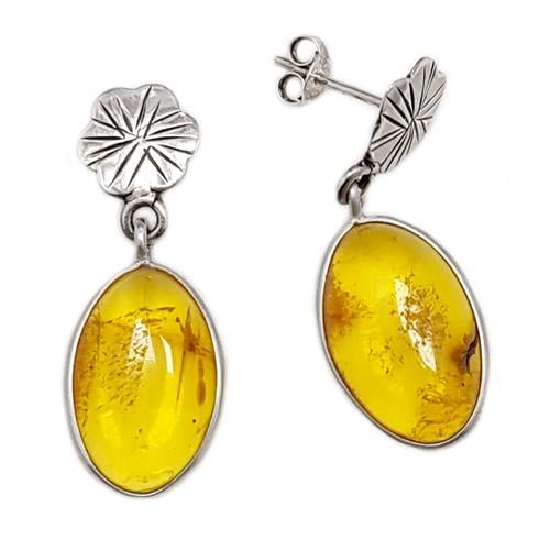 עגילי כסף משובצים ענבר בלטי אמיתי  צבע דבש A8570 | תכשיטי כסף | עגילי כסף