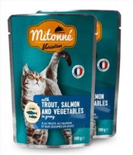 פאוץ' לחתול מיטונה פורל, סלמון וירקות ברוטב MITONNE 100 גרם